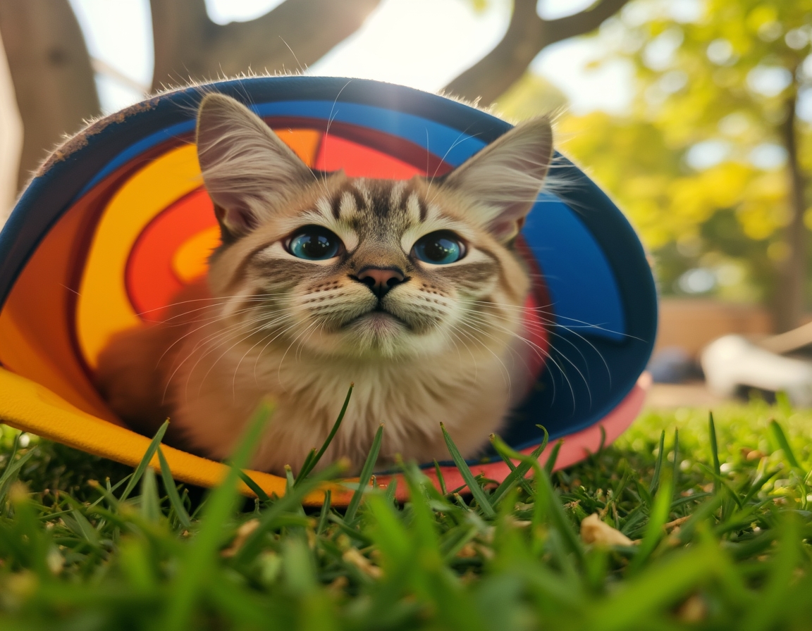 Cat explores a colorful play tunnel in a lively garden, its curious expression capturing the playful moment.